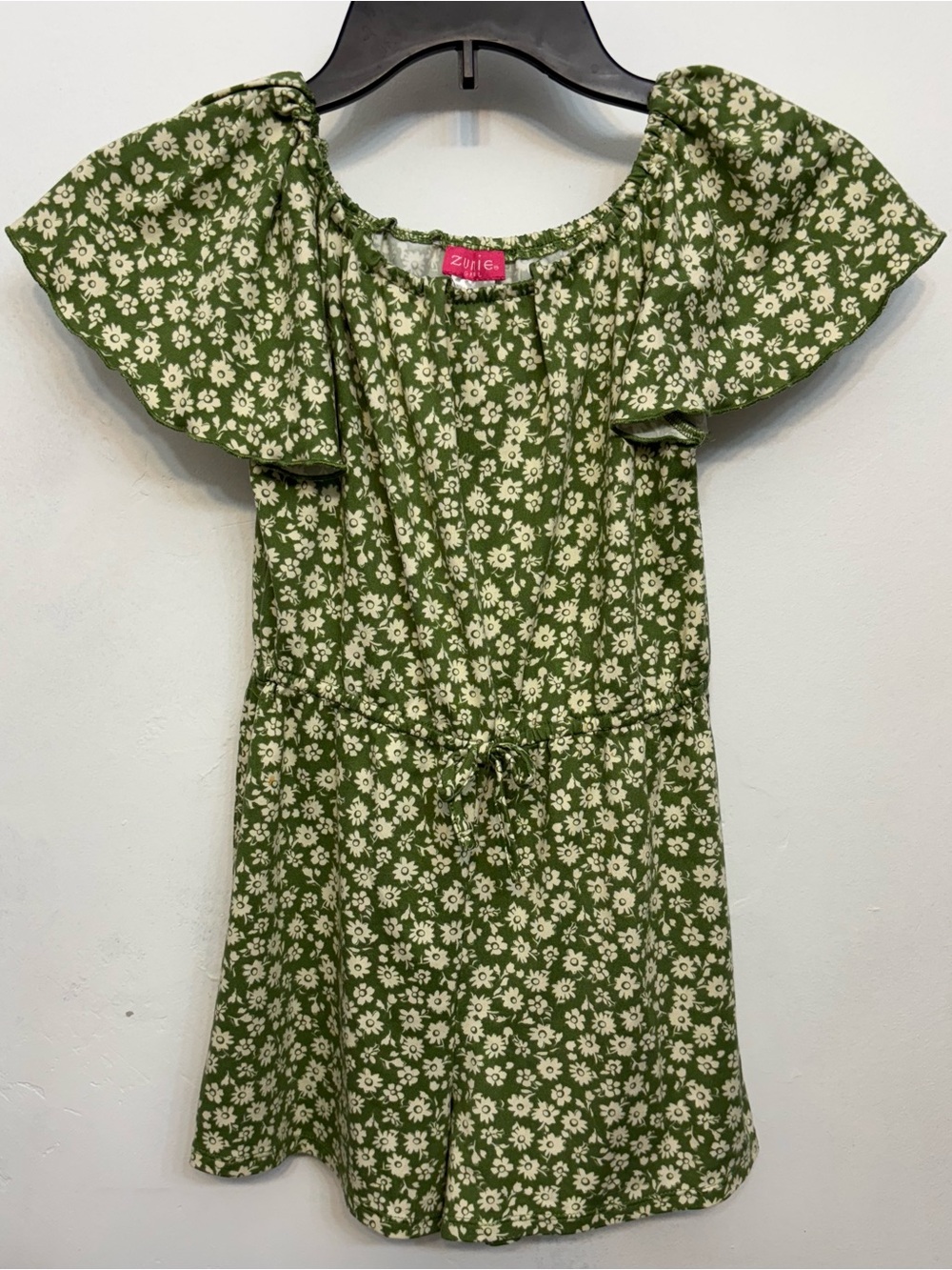 Zunie Girl Green With White Floral Flutter Sleeve Romper Girls Size Medium 7/8